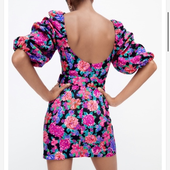 Zara Pink Floral Heart Neckline Puff Sleeve Belted Romantic Mini Dress NWT - Picture 5 of 16
